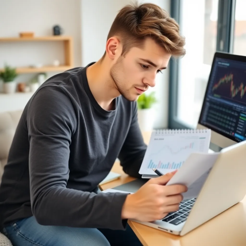 Osoba analizująca wykresy finansowe i planująca oszczędności