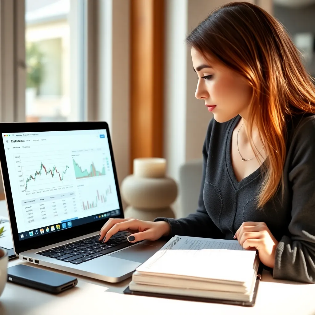Osoba analizująca wykresy finansowe na laptopie i planująca budżet